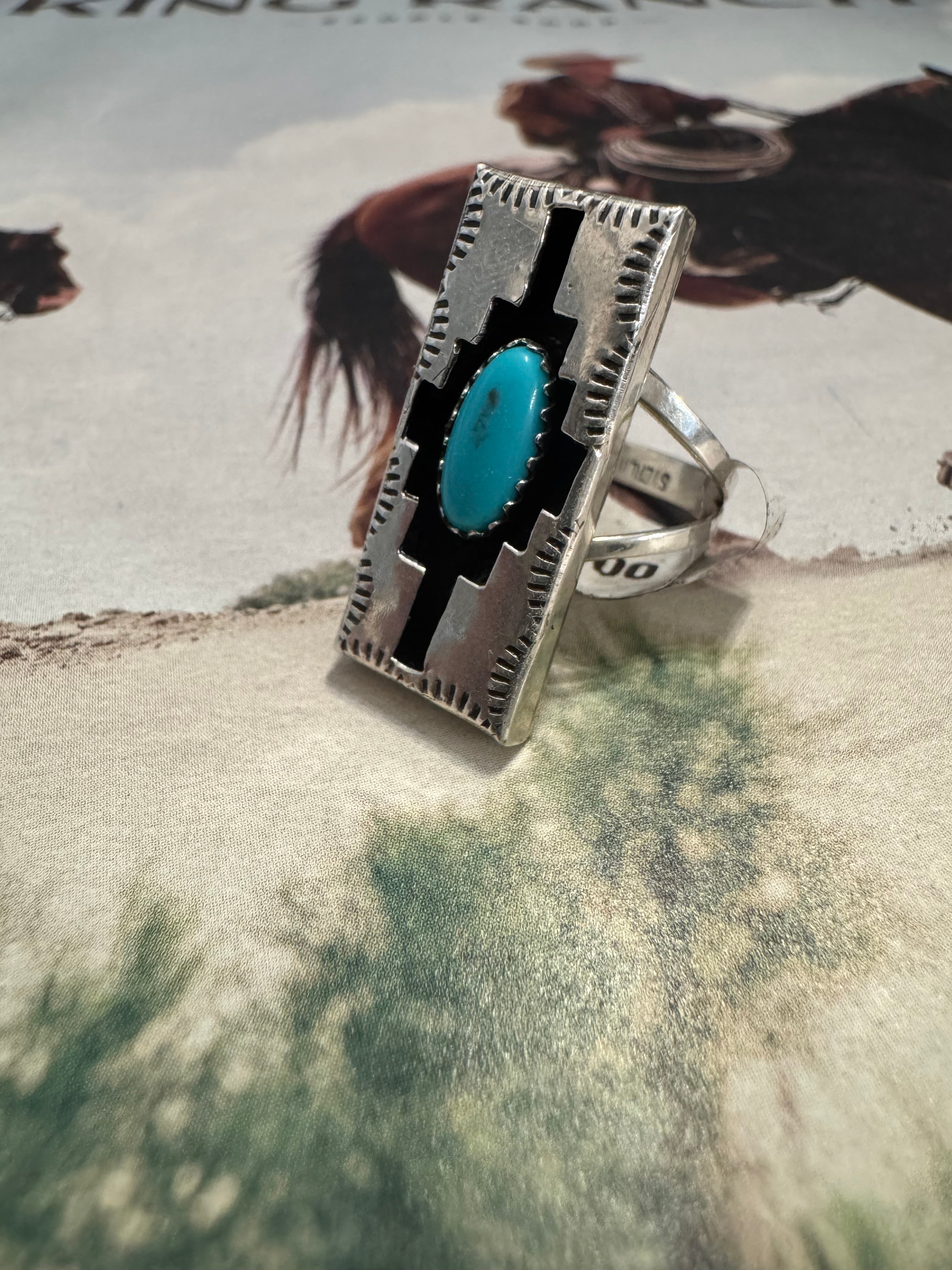 Aztec Inlay Turquoise Sterling Silver Ring [Size 7.75]