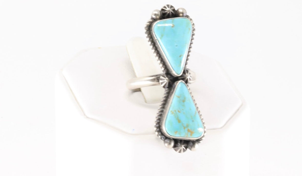 Native America Navajo Sterling Silver Kingman Turquoise Ring 2 Stone