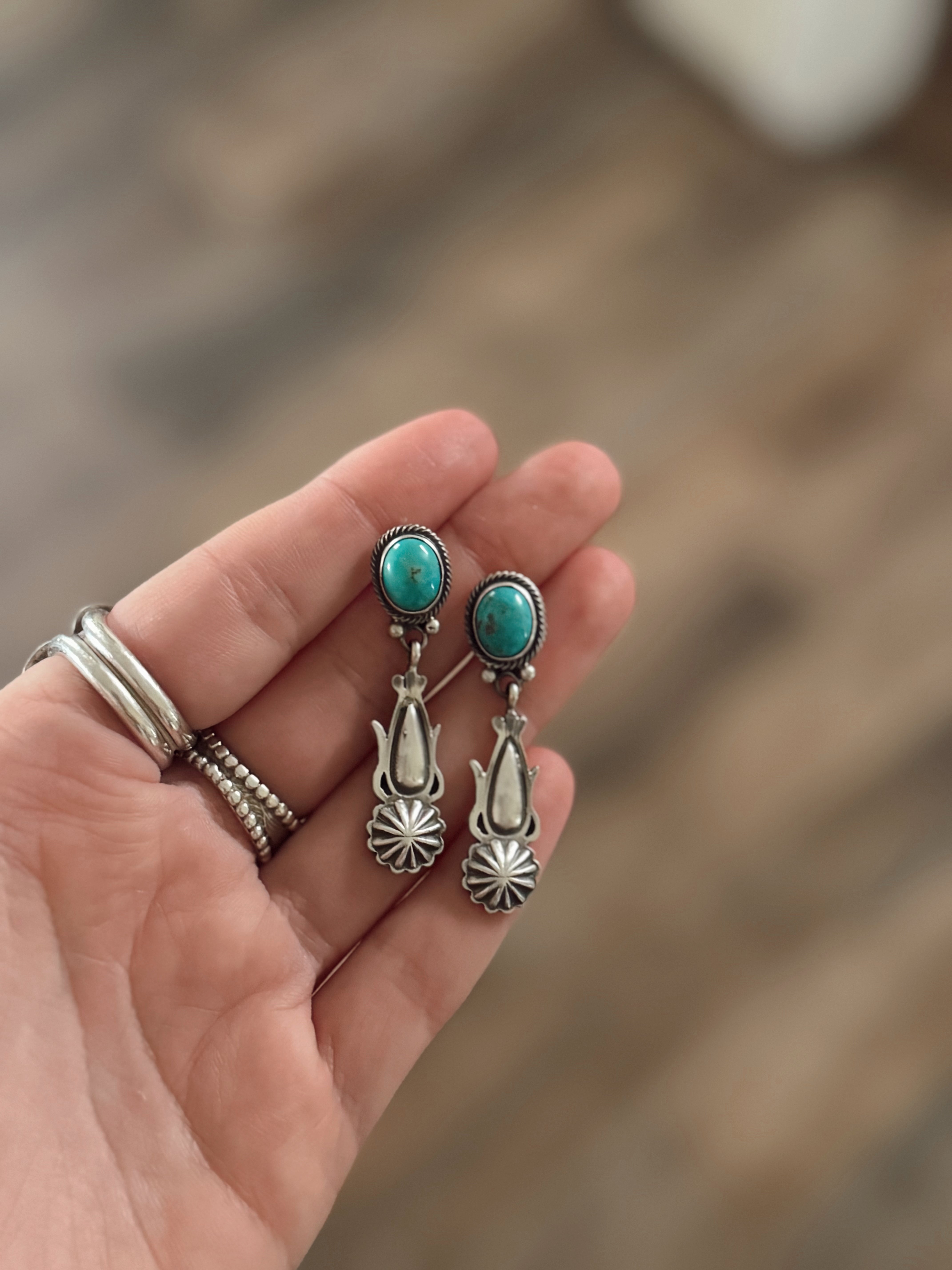 Native Made Navajo Sterling Silver Turquoise Post / Dangling Earrings