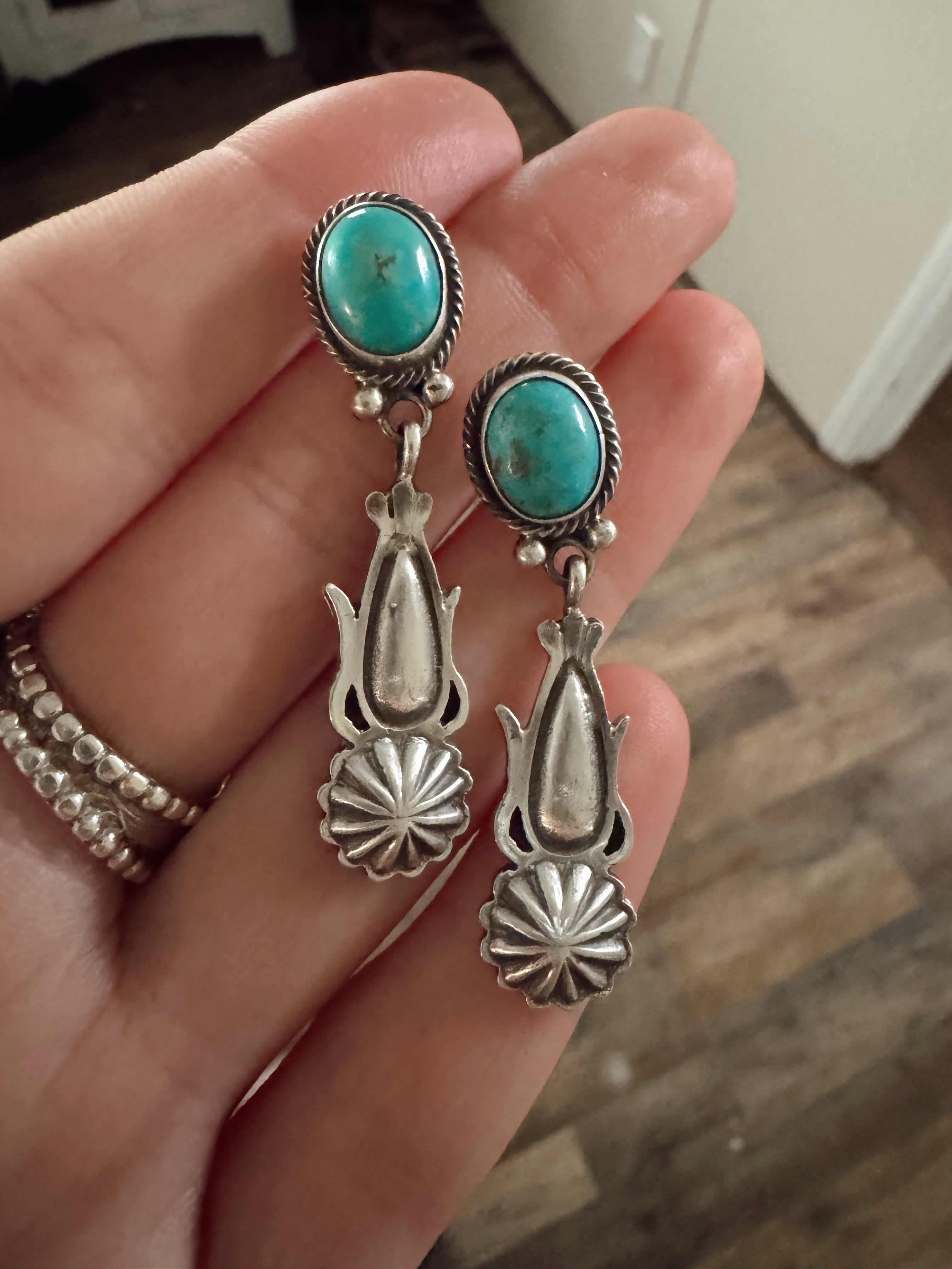 Native Made Navajo Sterling Silver Turquoise Post / Dangling Earrings