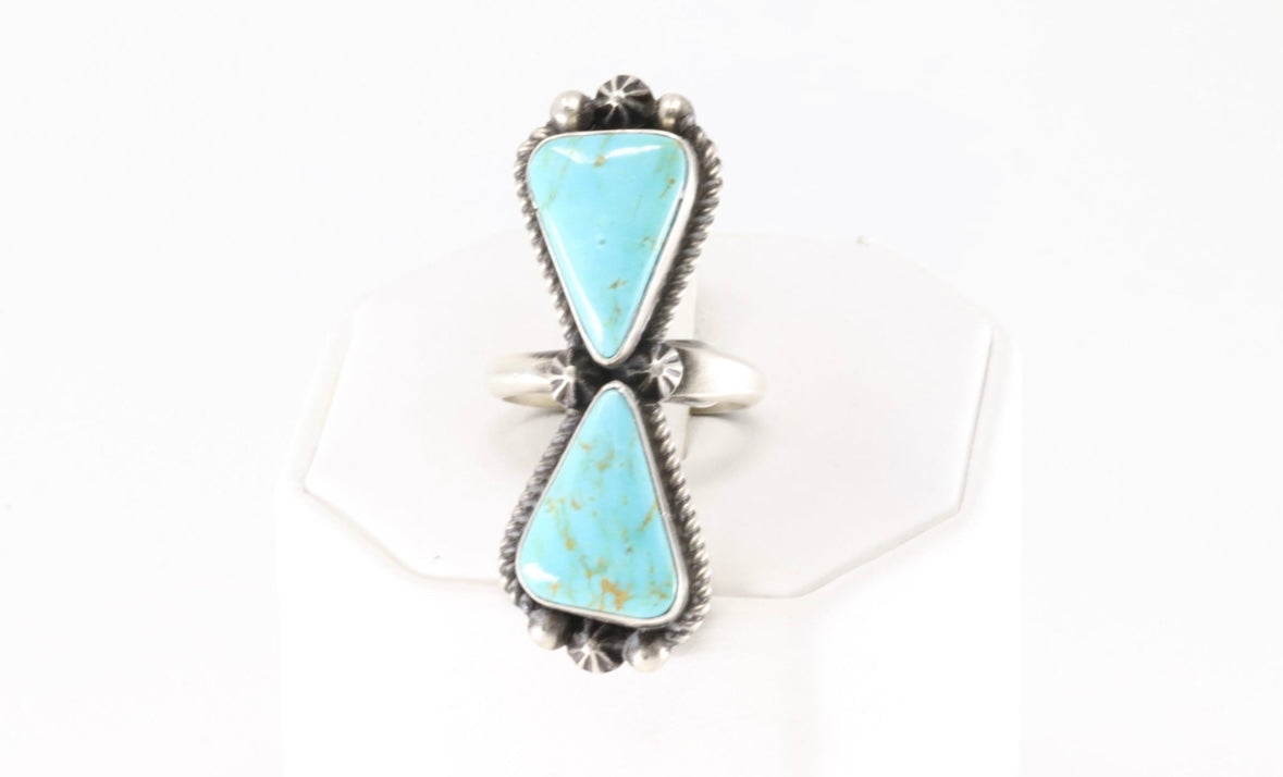 Native America Navajo Sterling Silver Kingman Turquoise Ring 2 Stone