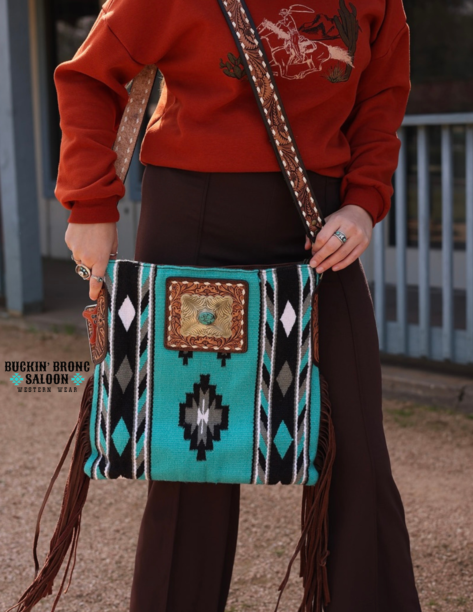 Deerskin Leather Fringe Crossbody Bag with Turquoise – Leather